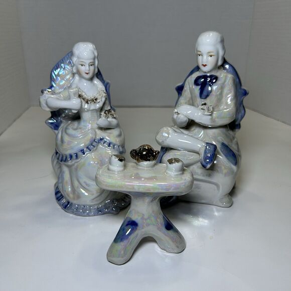 Vintage Victorian/Colonial Iridescent Porcelain Couple Having Tea (3 Pc Set) - Picture 1 of 14